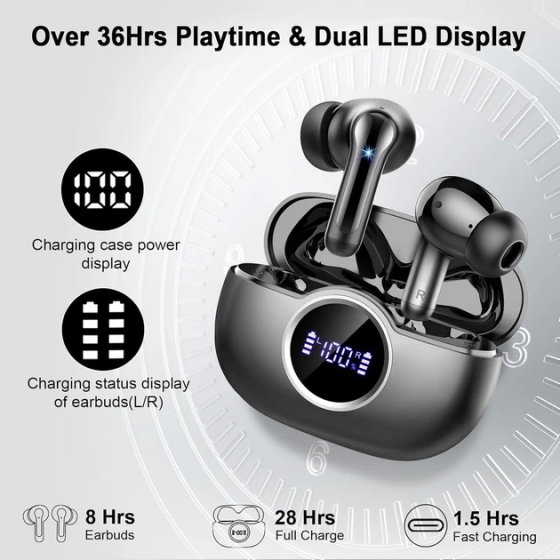 Беспроводные наушники Rinsmola TWS Bluetooth 5.4, 14,2 мм, ENC, IPX7, 40 часов, USB-C, сенсорное управление, Black Киев