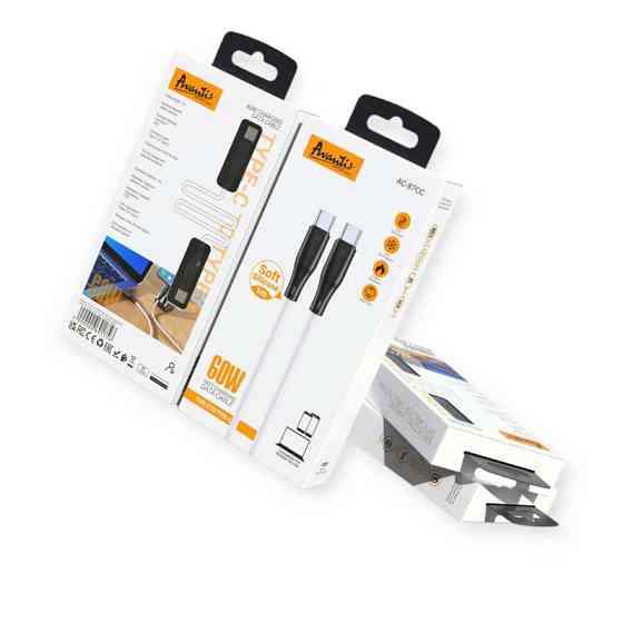 Кабель для зарядки Avantis Type-C - Type-C, 1м, 3.0А белый, круглый силиконовая оплетка, QC, 60W Мукачево