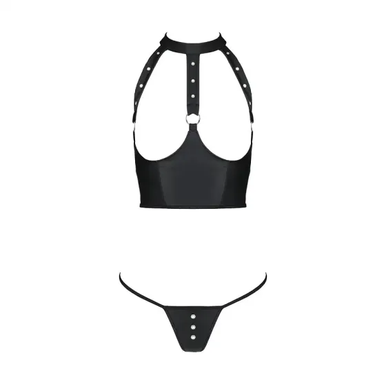Комплект білизни з відкритими грудьми Passion GENEVIA SET WITH OPEN BRA L/XL black, корсет, стрінги Львов