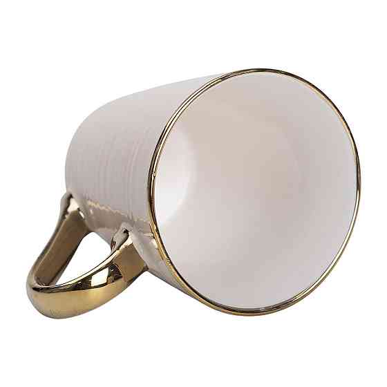 Кружка фарфоровая бежевая с золотым ободком и ручкой Киев