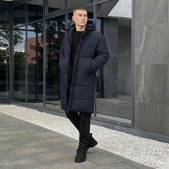 Парка зимова чоловіча куртка подовжена тепла з капюшоном Pobedov Legas темно-синя Одеса