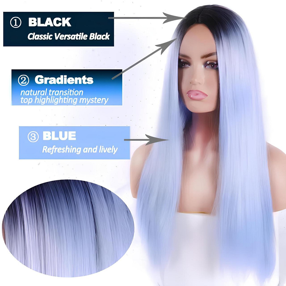 Довга блакитна перука омбре RESTEQ 66 см, пряме волосся градієнт, перуки з високоякісних синтетичних волокон Київ - фото 2