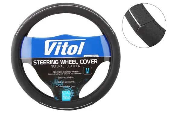 Оплетка на кермо M без запаху Vitol F-17003BK-M чорний з хром. вставкою Вінниця