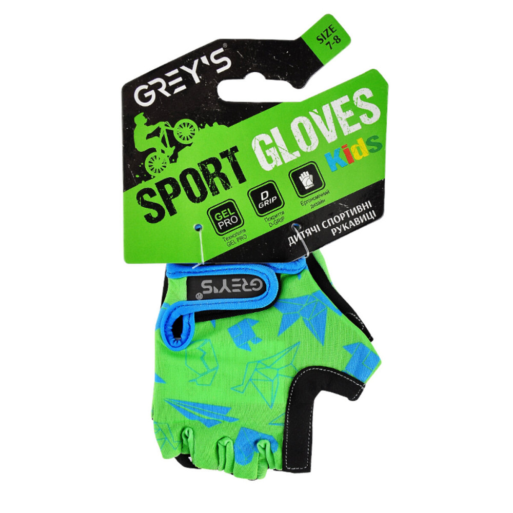 Велорукавиці дитячі Grey's з короткими пальцями та гелевими вставками, зелено-чорні (розмір 7-8) GR18712 Київ - фото 1