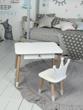 Дитячий столик зі стільчиком Корона та ящиком для олівців та розмальовок (Білий) Київ