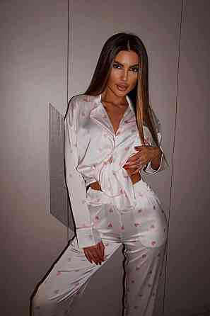 Женская пижама двойка с сердечками из шелка армани Белый 2, 48/50 Одесса