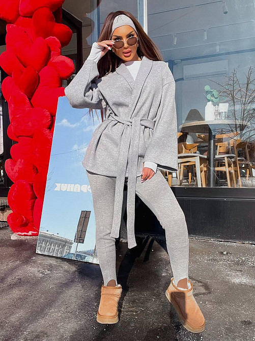 Женский стильный повседневный костюм кимоно + леггинсы турецкая ангора вязка Серый Одесса - изображение 14