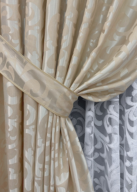 Комплект штор VR-Textil Жакард Вензель 200х270 2шт і Тюль 600х270 416ш-1147т Бежевий з білим 71-100/7 Київ - фото 4