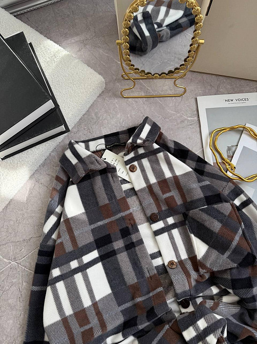 Женская теплая рубашка оверсайз в клетку на пуговицах турецкий флис Серый Одесса - изображение 5