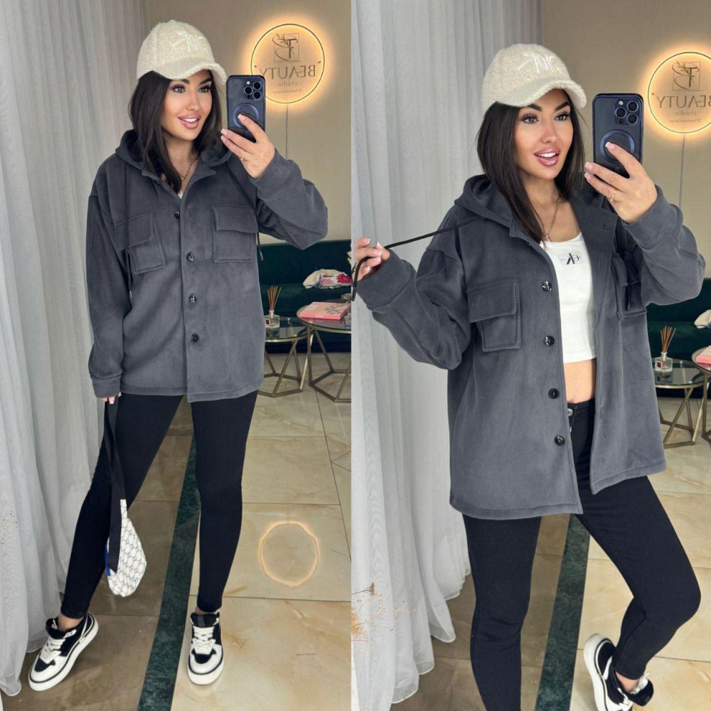 Жіноча тепла сорочка на ґудзиках із капюшоном і двома накладними кишенями турецький щільний фліс Графіт, 46/48 Одеса - фото 1