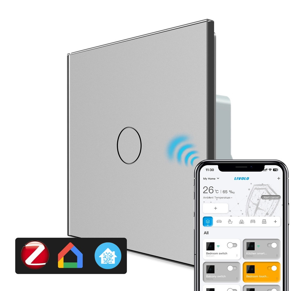 LIVOLO Розумний сенсорний прохідний/перехресний ZigBee вимикач 1 сенсор Livolo сірий скло (VL-C Коломия - фото 1