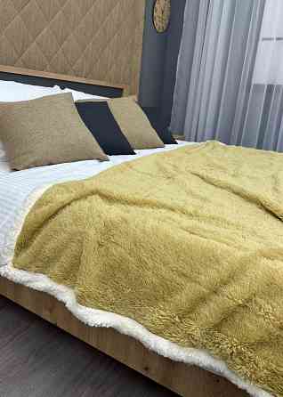 Плед двосторонній 155х200 см (+-5см) із штучною овчиною та хутром Гірчичний з білим (87-080) Київ