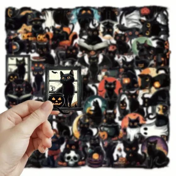 Набор наклеек «Черные кошки на Хэллоуин» – 50 шт. водостойких стикеров с тыквами, летучими мышами и привидениями Киев