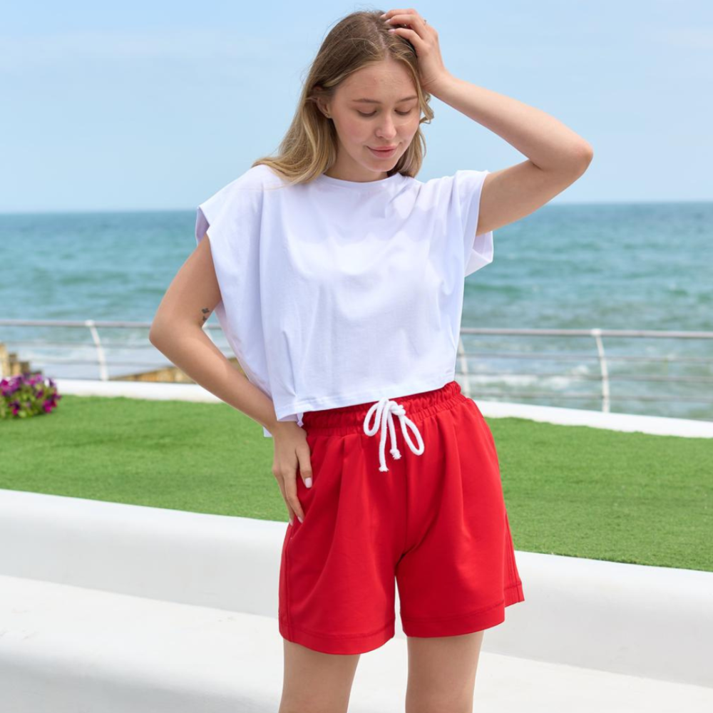 Літній костюм жіночий футболка і шорти комплект з шортами двійка бавовна Mira білий+червоний Одеса - фото 1