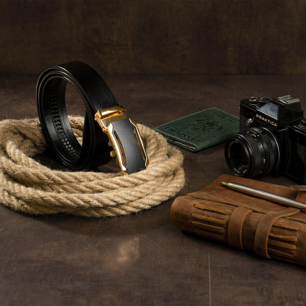 Ремень мужской с золотистой пряжкой Vintage 20258 Черный Киев - изображение 7