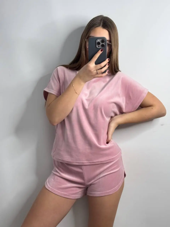 Пижама-комплект (футболка+шорти+штаны) из плюшевого велюра Пудровый XL Харьков