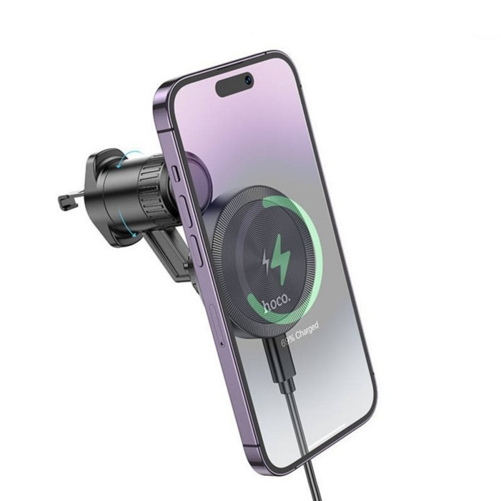 Тримач для мобільного з БЗП HOCO HW6 Vision metal magnetic wireless fast charging car holder(air outlet) Black (6942007606622) Київ - фото 4