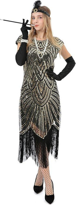 Сукня в стилі 20-х Гетсбі з паєтками бахромою перчатками аксесуарами, жіночий ретро образ для карнавалу, вечірок, Хелловіну Київ - фото 3