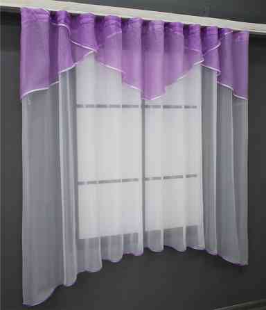 Кухонная тюль арка с ламбрекеном VR-Textil № 025к белый с сиреневым 280х170 см (52-0861) Киев
