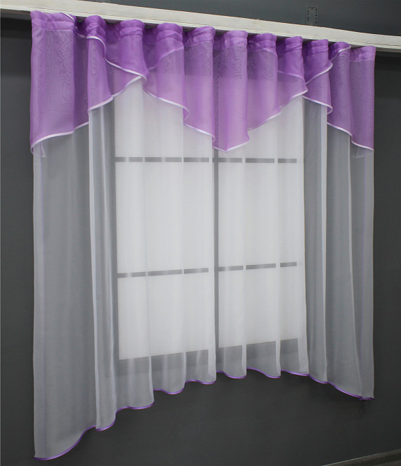 Кухонная тюль арка с ламбрекеном VR-Textil № 025к белый с сиреневым 280х170 см (52-0861) Киев - изображение 2