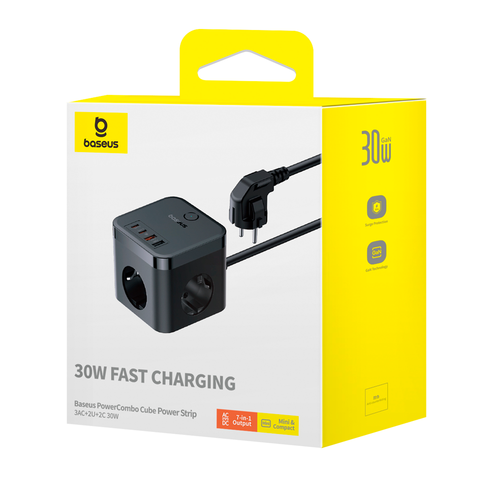 Мережевий зарядний пристрій Baseus PowerCombo Cube Power Strip 3AC+2U+2C 30W 1.5m EU Cluster Black Одеса - фото 2