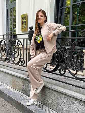 Жіночий костюм оверсайз з широкими штанами з двонитки Бежевий 42/44 Харків