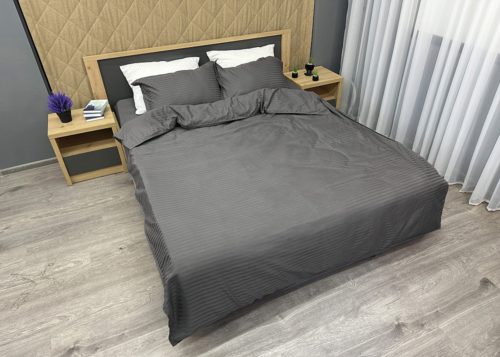 Комплект постельного белья Страйп-сатин Евро 200х230 с простыней на резинке Графитовый (88-097) Киев - изображение 3