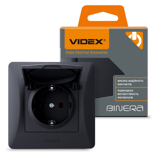 BINERA чорний графіт Розетка внутрішня 1-а із заземленням з кришкою Videx Житомир