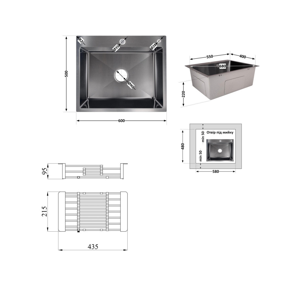 Комплект Lidz Handmade H6050B Мийка для кухні інтегрована BlackPVD у комплекті з дозатором + Lidz K01B Кошик для кухонної Київ - фото 2