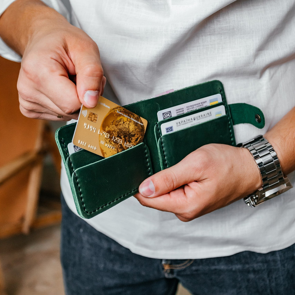 Гаманець чоловічий з натуральної шкіри Crazy Horse, сучасний гаманець на кнопці, зеленийMasterSem Київ - фото 2