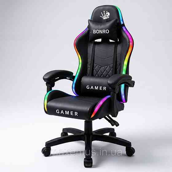 Компьютерное геймерское кресло Bonro Gamer B-149 Черное с LED-подсветкой (Игровое кресло) Мостиська