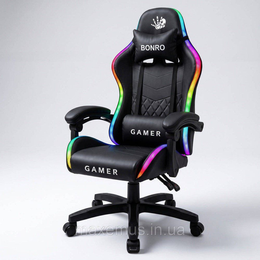 Компьютерное геймерское кресло Bonro Gamer B-149 Черное с LED-подсветкой (Игровое кресло) Мостиська - фото 1