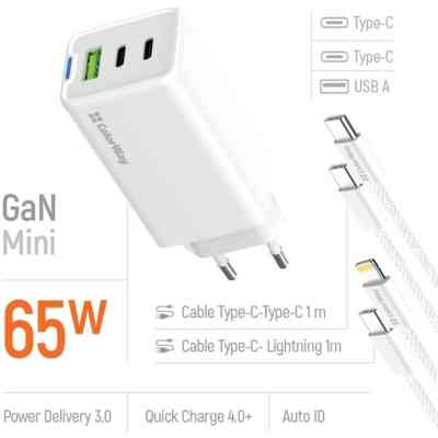 Зарядное устройство ColorWay GaN Mini 65W PD Port PPS USB (USB-2C1A) cable Type-C&Lightning (CW-CHS058PDCL-WT) Винница