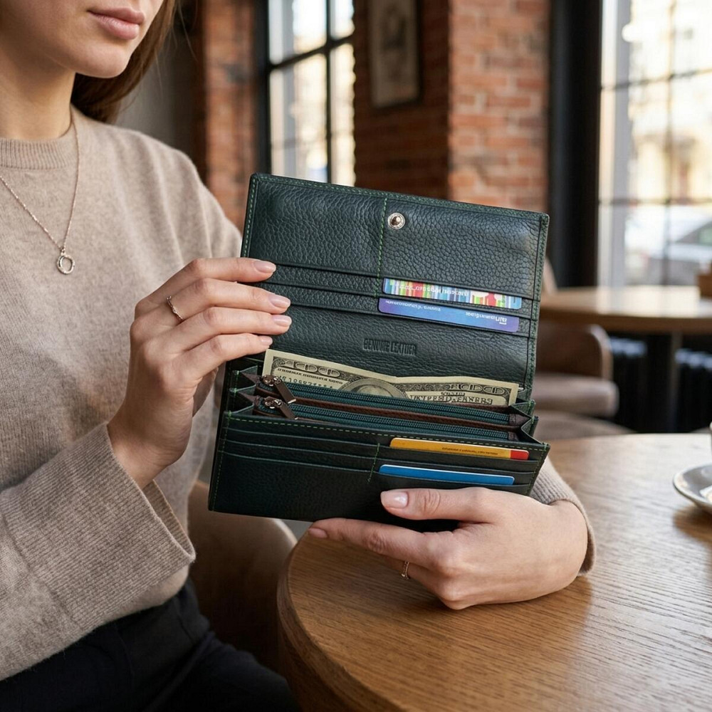 Зручний вертикальний гаманець із натуральної шкіри ST Leather 23086 Зелений Київ - фото 12