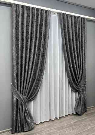 Комплект штор VR-Textil Льон Мармур 150х270 2шт і Тюль 400х270 1267ш-115т Сіро-коричневий з білим 71-141/3 Київ