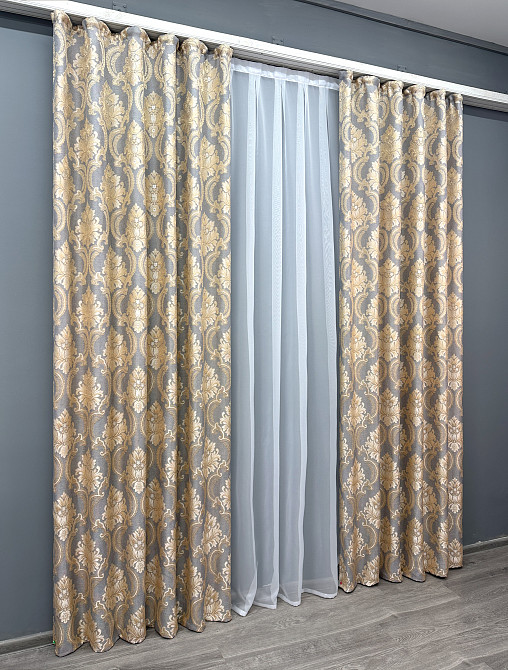 Комплект готових штор VR-Textil Льон Корона Марія № 1265ш Темно-сірий з золотистим 140х270 см 2 шт (39-904) Київ - фото 4