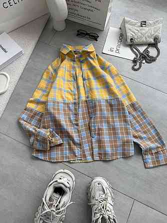 Женская двухцветная оверсайз рубашка в клетку турецкая фланель котон Беж Одесса