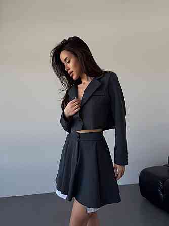 Жіночий костюм-двійка: укорочений піджак і спідниця з трендовою імітацією кишень турецька костюмка + котон Графіт, 42/44 Одеса
