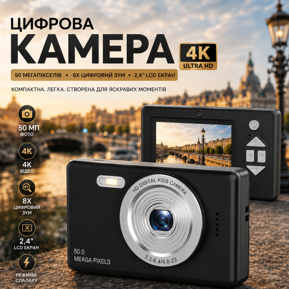 Цифровая камера 4K 50МП: компактный фотоаппарат для видеоблогов, 8х зум, 2.4