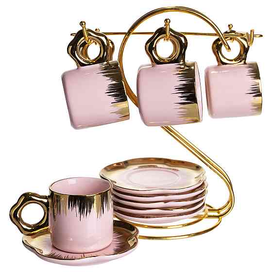Набір чашок для кави на металевій підставці 6 (шт) по 100 (мл) подарунковий кавовий сервіз набір чашок Розовий із золотом FM-48 Київ