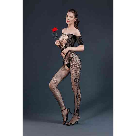 Бодістокінг з доступом Moonlight Model 10 XS-L Black, імітація шнурівки, квітковий декор, відкриті п Sex Aura Київ