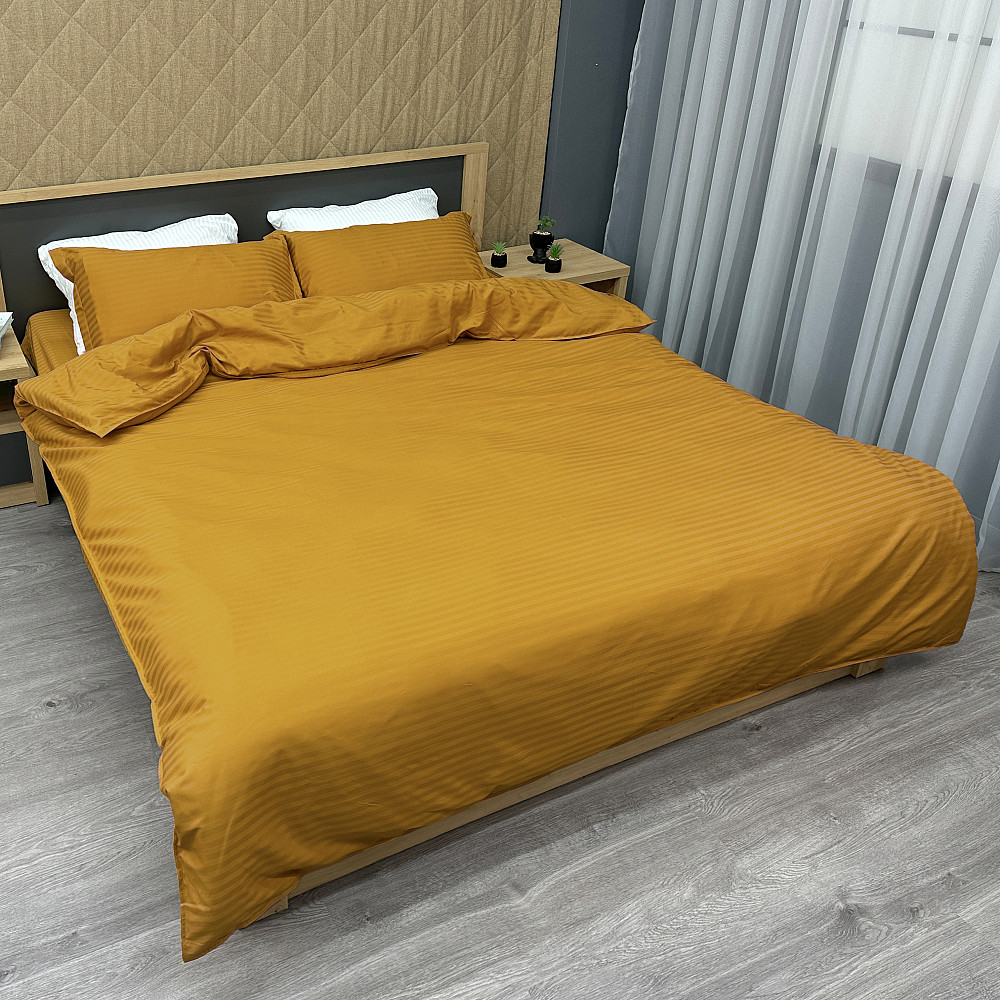 Комплект постільної білизни Страйп-сатин Євро 200х230 з простирадлом на резинці Гірчичний (88-182) Київ - фото 2