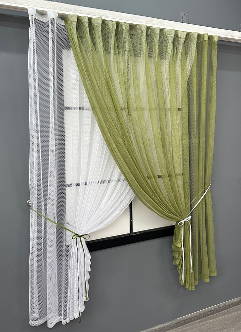 Кухонные шторки VR-Textil № 101к с подвязками Оливковый с белым 330х170 см (52-1215) Киев - изображение 2