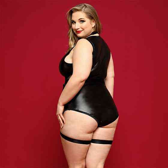 Елегантне боді з екошкіри JSY «Спокуслива Морган» Plus Size, Black, сітка, портупея з гартерами Sex Aura Київ
