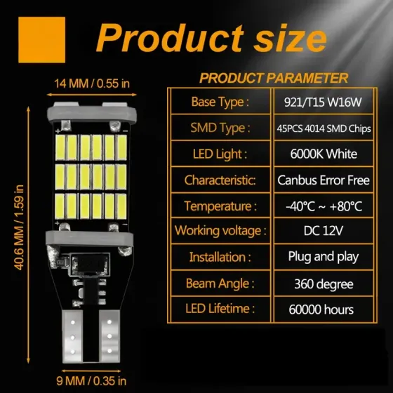 LED лампа T15 с обманкой CANBUS, белый свет 12 В Киев