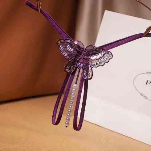 Еротичні трусики жіночі з розрізом і перлами універсальний фіолетовий Київ