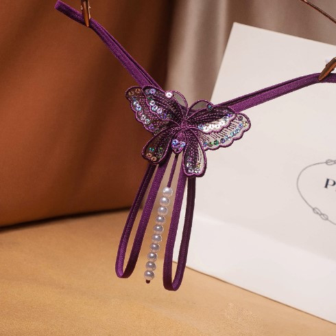 Еротичні трусики жіночі з розрізом і перлами універсальний фіолетовий Київ - фото 1