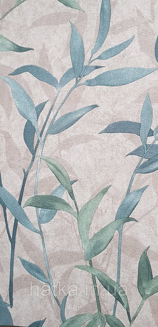 Шпалери вінілові на флізеліні Sintra Adria метрове листя гілки бірюзові зелені на коричневому Київ - фото 2