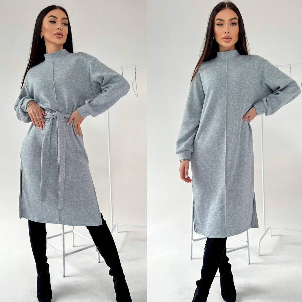 Женское стильное теплое удобное платье с разрезами турецкая двухсторонняя ангора люкс Серый, 48/50 Одесса - изображение 1