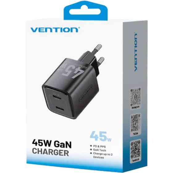 Зарядний пристрій 2xUSB-С 45W GaN чорний Vention Винница